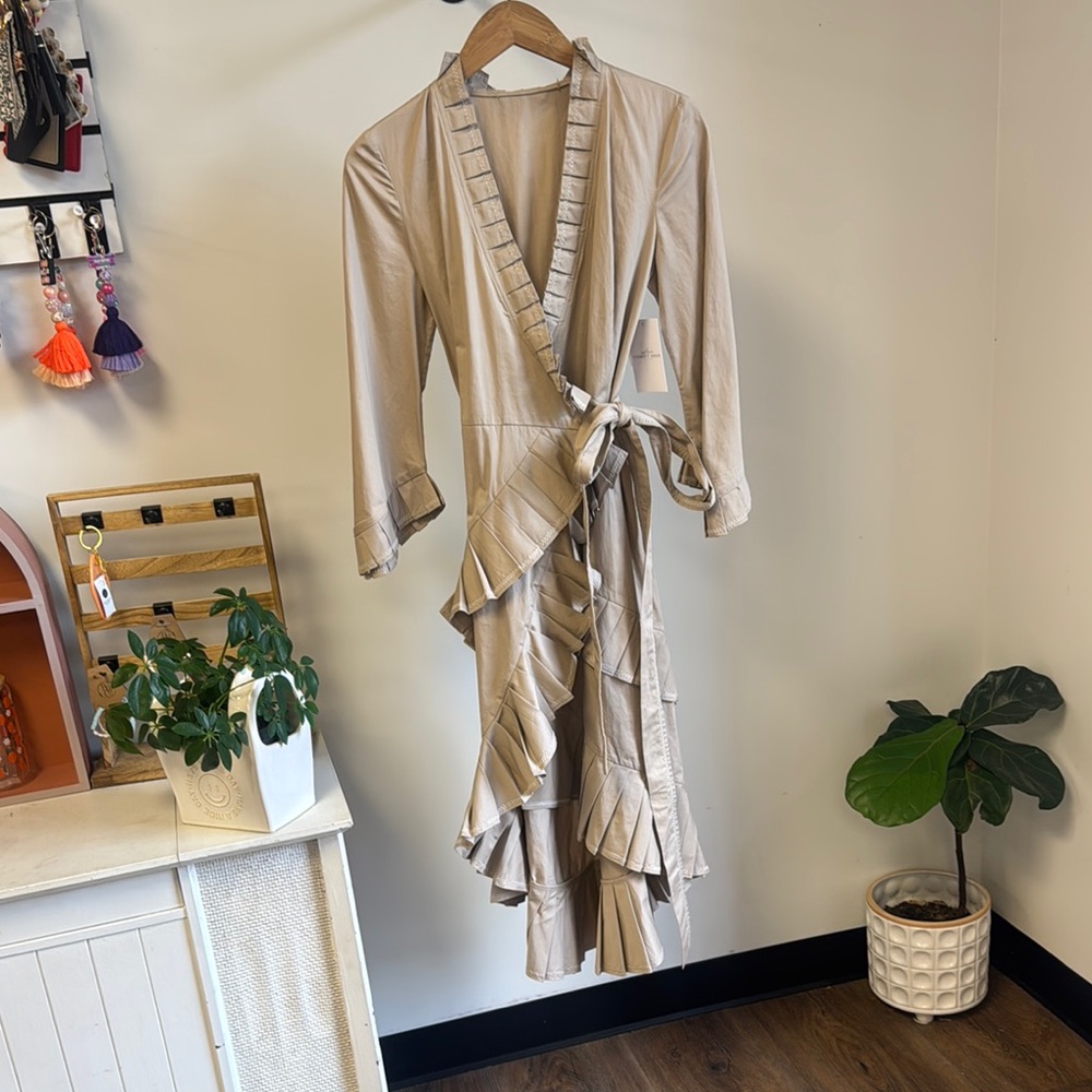 Elegant Beige Ruffled Wrap Dress